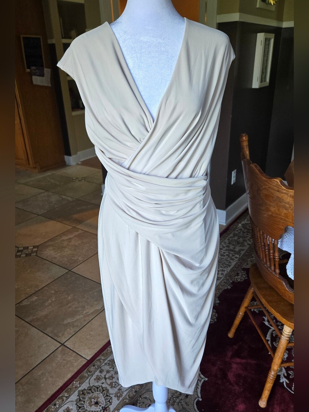 Donna Karan Soft Cream Surplice Ruched Midi Dress
